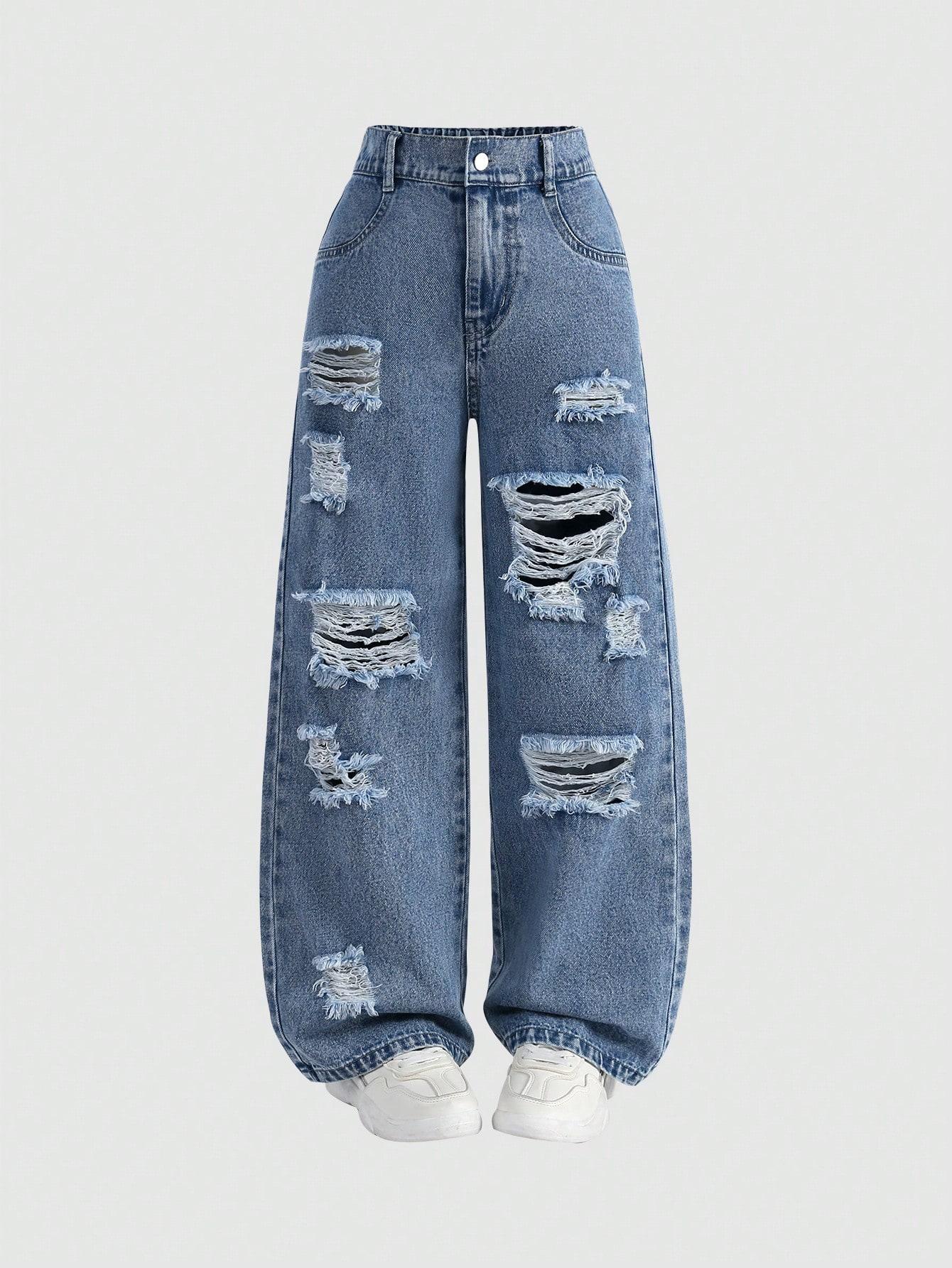 Single-piece girls  ripped and distressed denim jeans, casual and versatile. 8Y синий