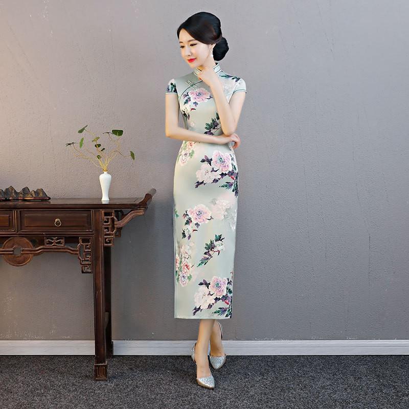 Elegant Green Modern Cheongsam Dress Women Long Length Vintage Style Slim Fit With Stand Collar Small