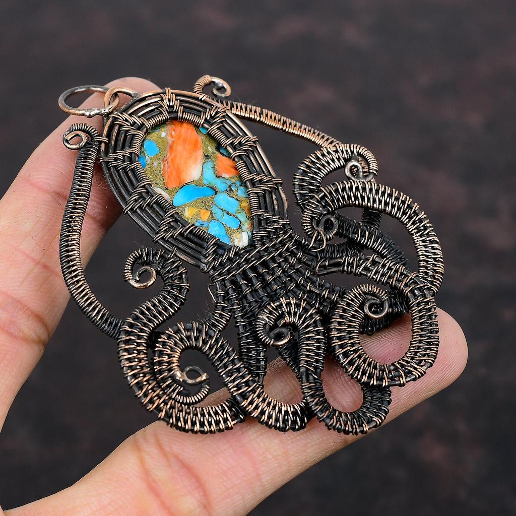 Spiny Oyster Copper Turquoise Pendant Copper Wire Wrapped Octopus Pendant Handmade Gemstone Pendant Designer Copper Jewelry Anniversary Gift