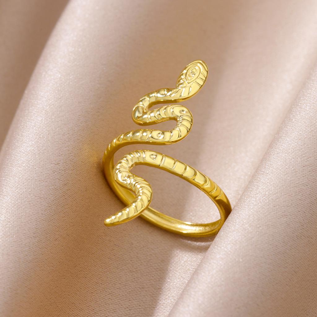 Zircon Snake Rings For Women Men Stainless Steel Gold Color Open Adjustable Ring Vintage Gothic Aesthetic Jewelry Anillos Mujer