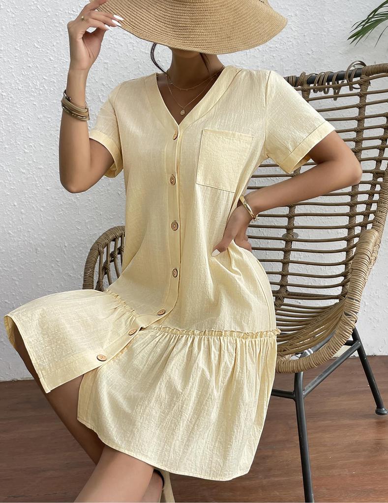 Women Button Down Dress Loose Summer Cotton Linen Dress Ruffle Hem Casual Dress Short Sleeve Tunic Dress