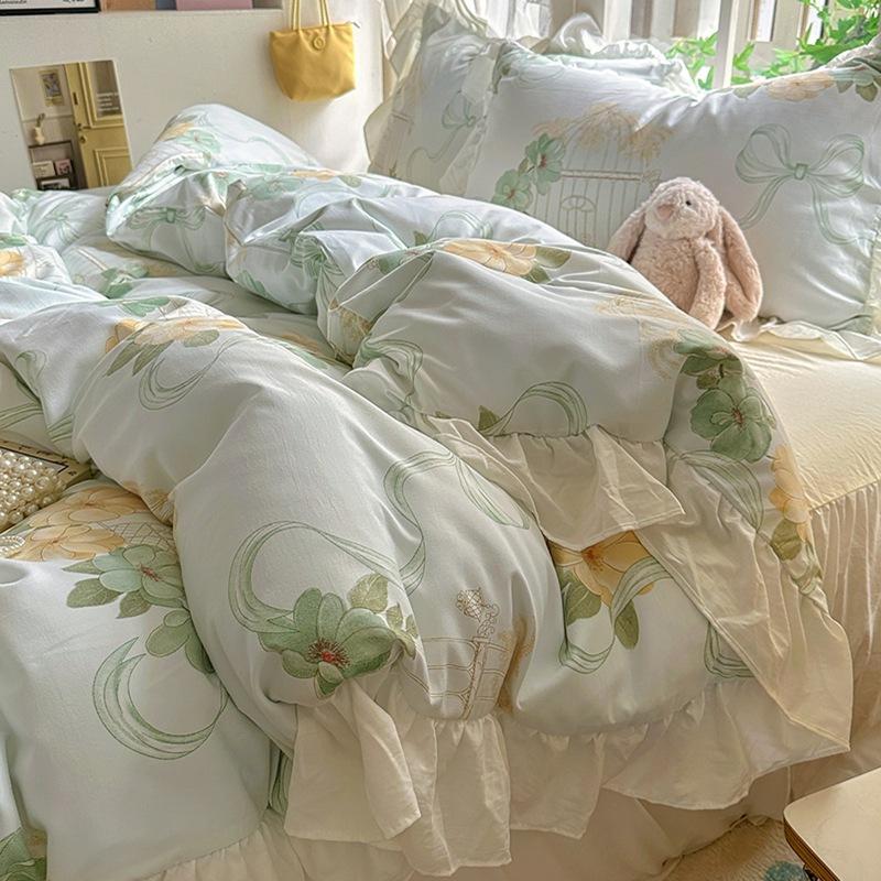 Small Fresh Pure Cotton Four-piece Set Lace Korean Version Princess Style Washed Cotton Bed Skirt Quilt Cover Cream Style Bedding