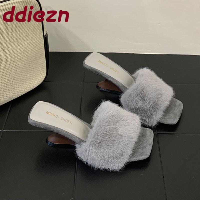 Fashion Female Wedges Footwear Warm Fashion Fur Women Pumps Heels Shoes Slides Square Toe Ladies Heeled Sandals Wedges Shoes