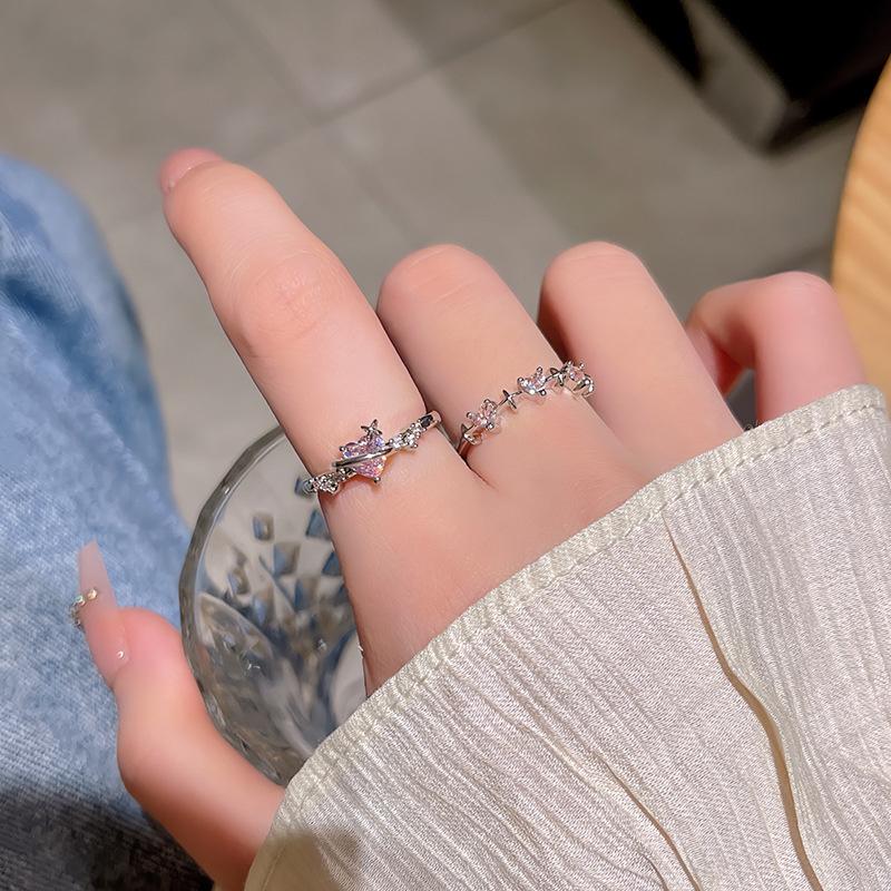 Style Sparkling Pink Zircon Bride Rings for Women Couples Korean Trendy Heart Star Geometric Wedding Party Jewelry