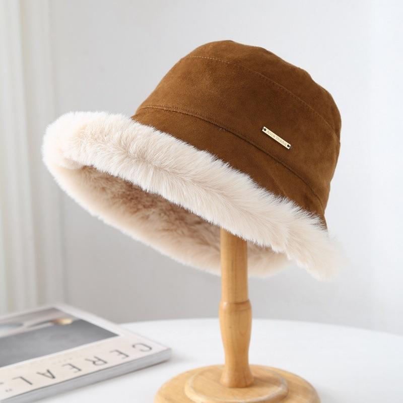 Autumn and Winter Bucket Hat Women's New Velvet Thickened Warm Bucket Hat Suede Versatile Ear Protector Basin Hat