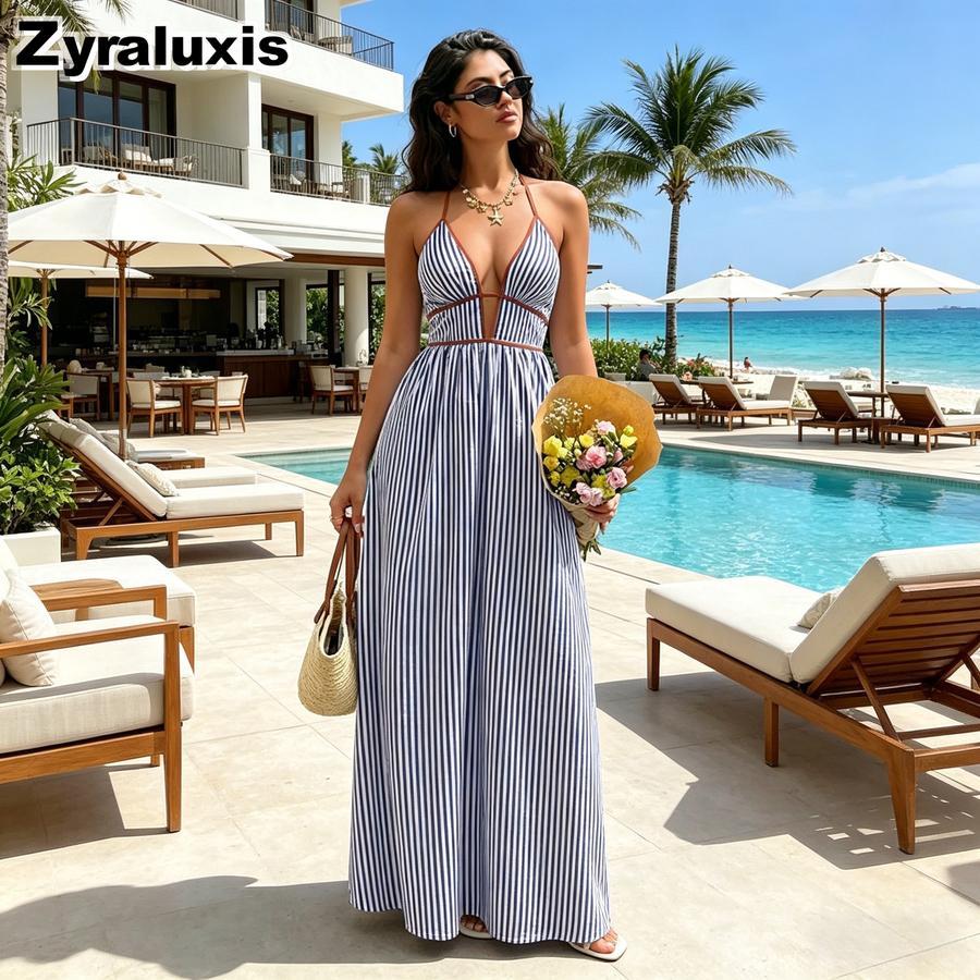 Novedades Vestido de Rayas con Cuello en V para Mujer - Rebajas Vestido Maxi sin Mangas