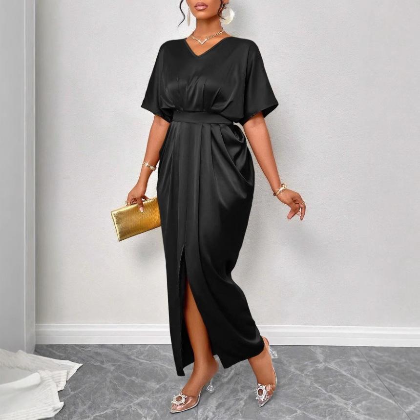 Spot 25 Summer New European and American Women's Clothing, Solid Color Satin V-neck Short-sleeved Waist Slit Dress
