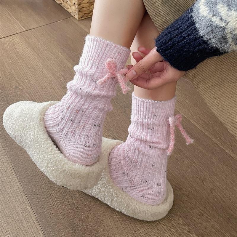 Dotted Yarn Wool Bow Woolen Socks Thickened Warm Solid Color Mid-Tube Cashmere Stack Socks