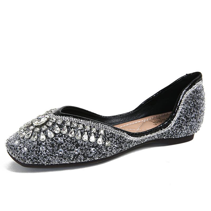 Single Shoes Women's Summer Full Rhinestone Boat Shoes Summer New Shiny Flat Shoes Square Head Ladyshoes Women's Fashion Single Shoes Versatile