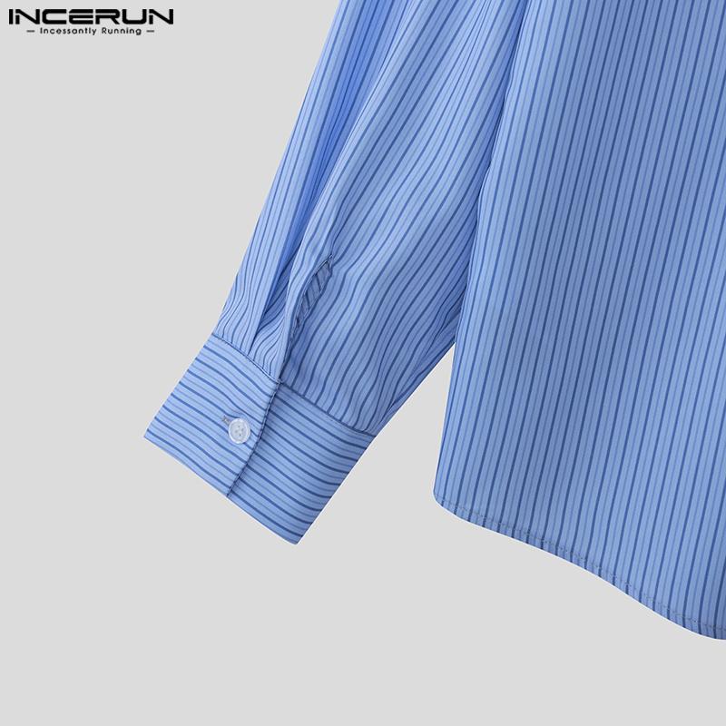 INCERUN Oversized Men Lapel Neck Long Sleeve Striped Casual Buttons Up Shirts