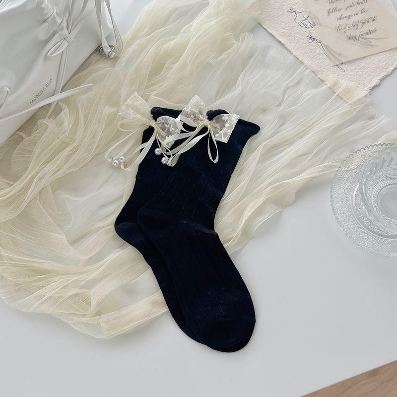 Vintage Lolita Ribbon Bow Calf Socks Kawaii Sweet Ruffle Mid-calf Socks Girl Spring Summer Lightweight Thin Breathable Sock