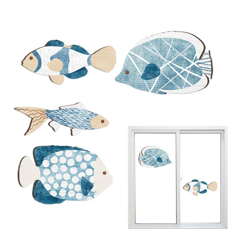 4PCS Mediterranean Wood Fish Wall Hanging Ornaments Wooden Fish Sculpture Decorations Coastal Beach Wall Hangings Ornaments