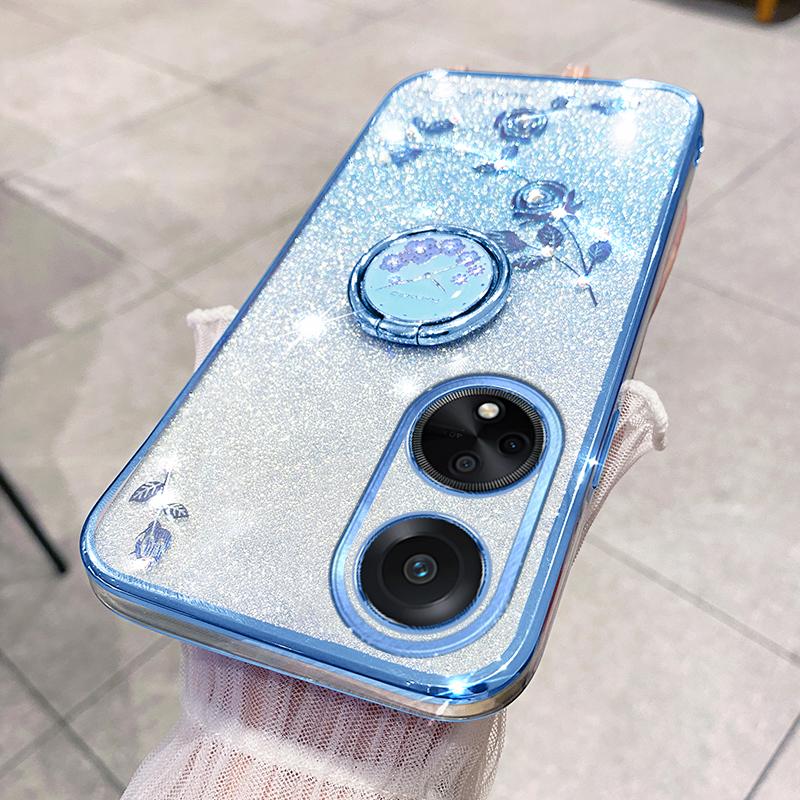

KADEM Ring Kickstand Glitter TPU Case for Oppo A98 5G Rhinestone Flower Pattern Phone Cover Blue