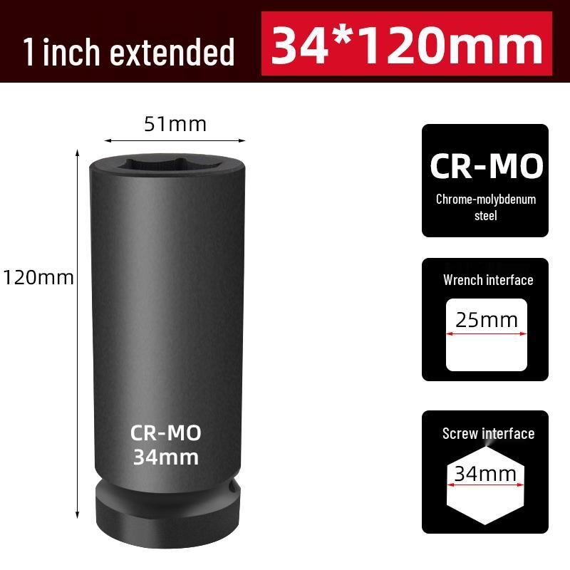 Heavy-Duty 1-Inch Impact Wrench Socket Set, 34mm Hex Star, Extended Thickened Socket Head