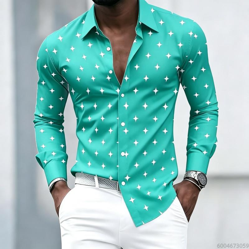 Men's Collared Long-sleeved Shirt, Classic Black Base with White Star Print, Slim Fit, Suitable for Commuting and Going Out.