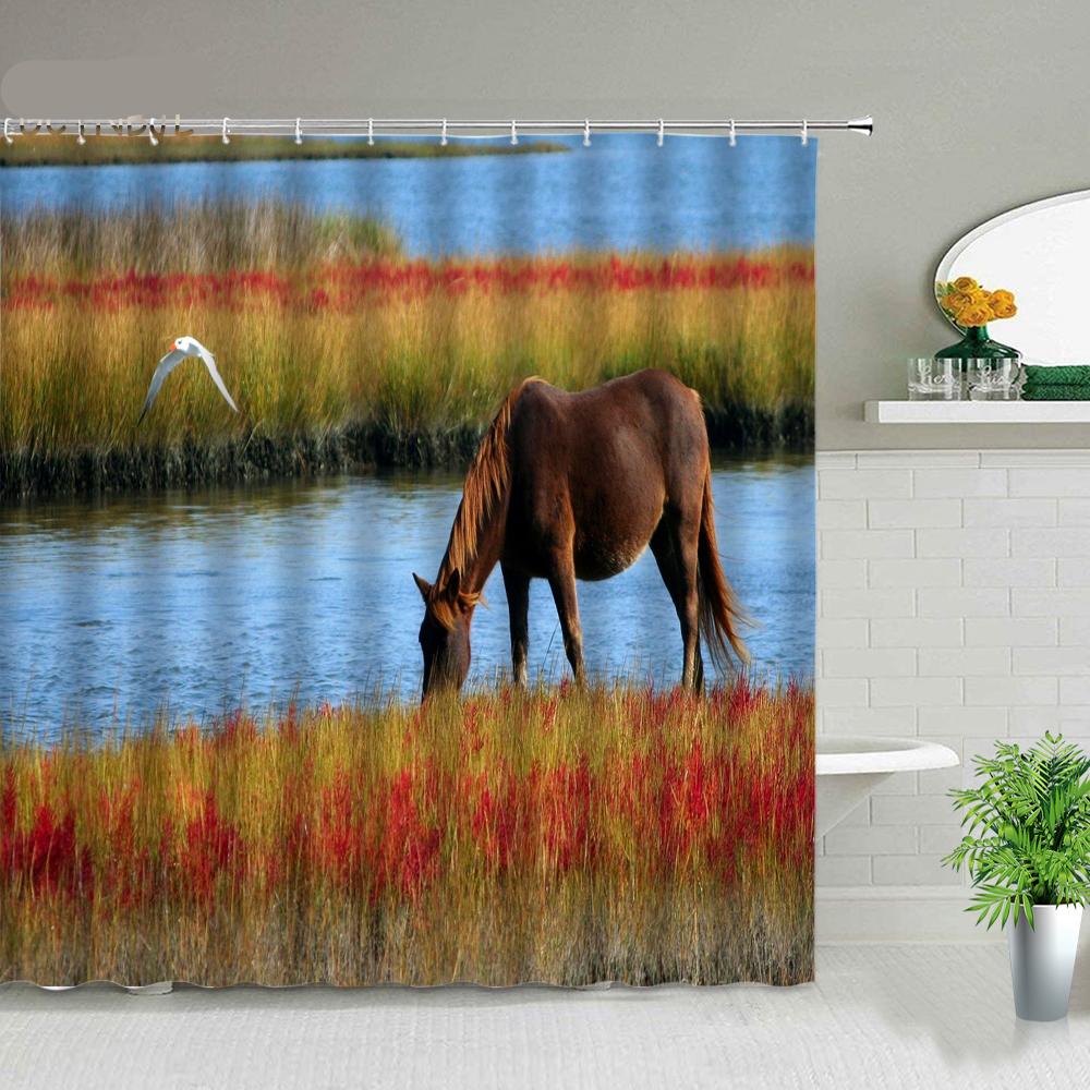 Farm Animal Horse Shower Curtain Wildlife Elephant Leopard Lion Tiger Pattern Shower Curtain Set Highland Cows Bathroom Curtains