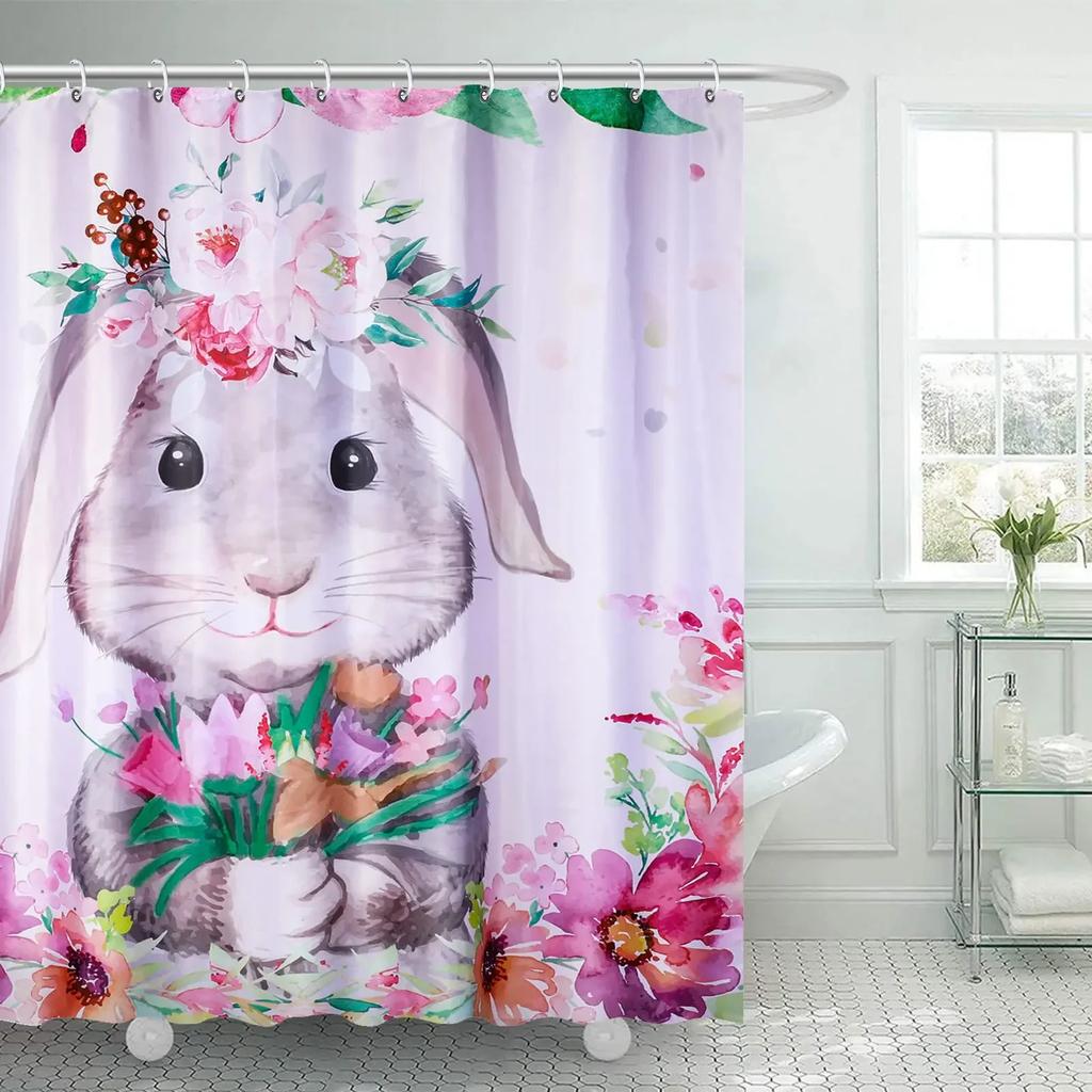 Happy Easter Bunny Shower Curtain Funny Rabbits Pink and Blue Eggs Bath Curtain Polyester Fabric Waterproof Bathroom Curtain Set