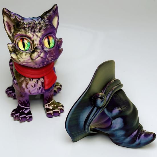 3D Printed Articulated Cat Wizard Hat Cat Ornament Wearing Red Scarf Big Eyes Cat Fidget Toy with Flexible Joints for Stress Relief Desktop Decoration