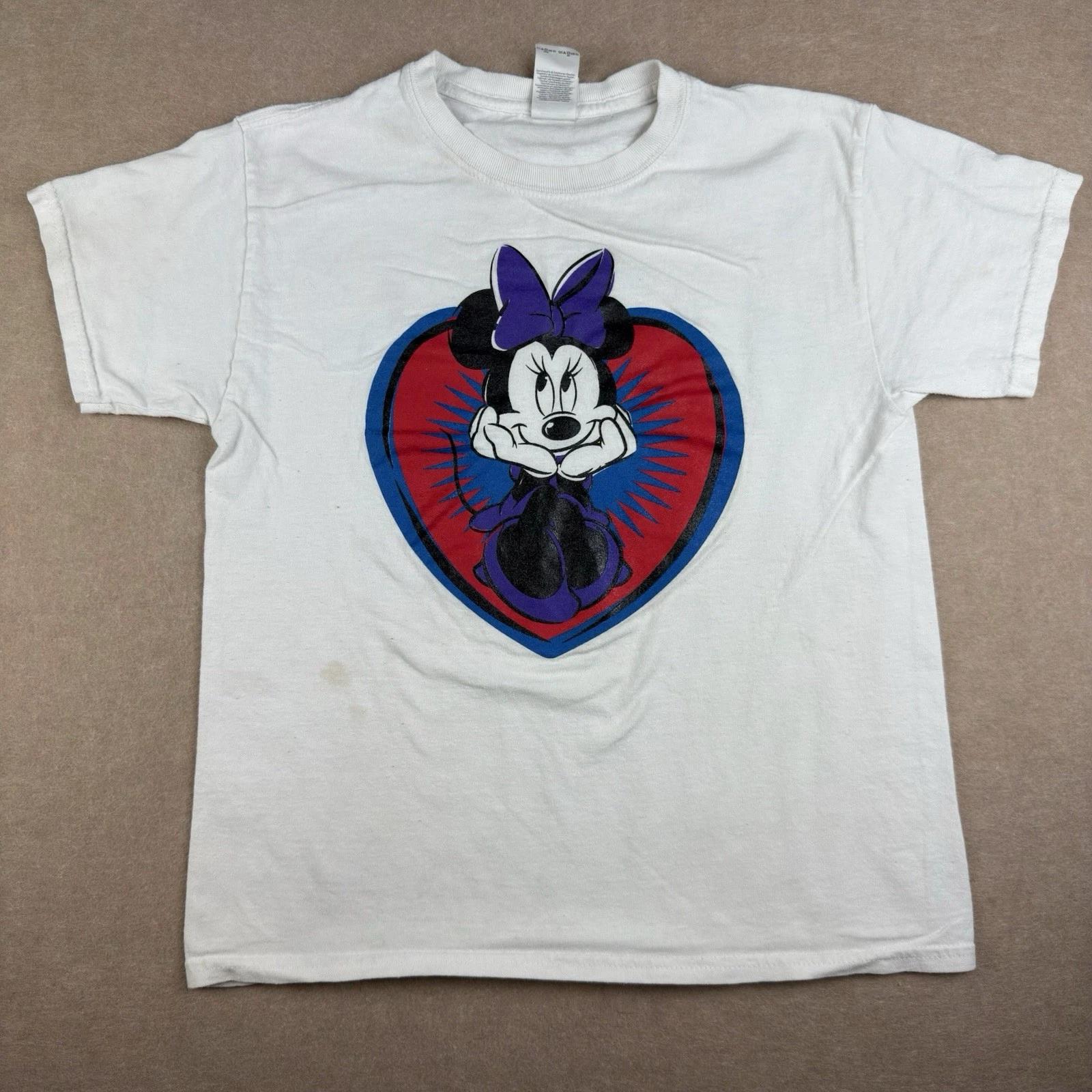

Gildan Youth M White T-Shirt Minnie Mouse Disney Graphic Heart Bow Cartoon Tee S