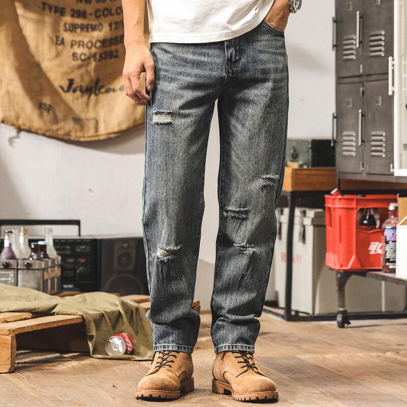 Jie Lei Nuo Men s American Retro Ripped Tapered Jeans 28
