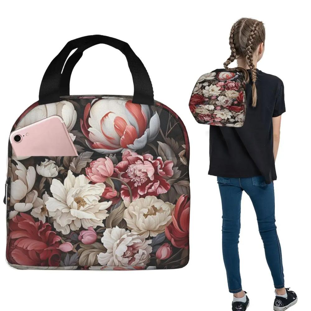 Elegant Red And White Peony Floral Nightgarden Insulated Lunch Bag for Women Kids Portable Food Boxes Thermal Lunch Box Tote