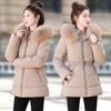 Fleece cotton-padded clothes for women's autumn and winter new medium and long removable hat slim-fitting waist large fur-collared cotton-pad