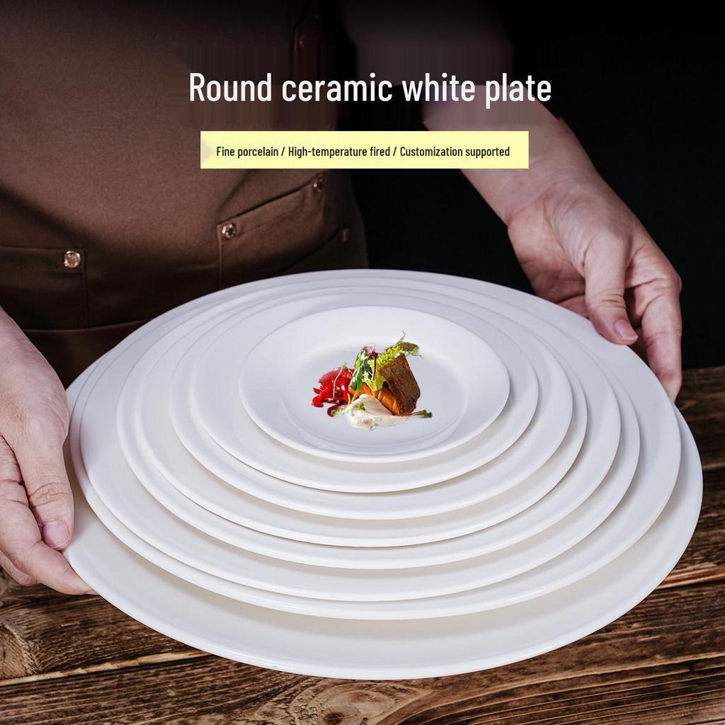 Steak Ceramic White Round Western Bone Plate - Shallow, Flat Tableware Dish for Household Use