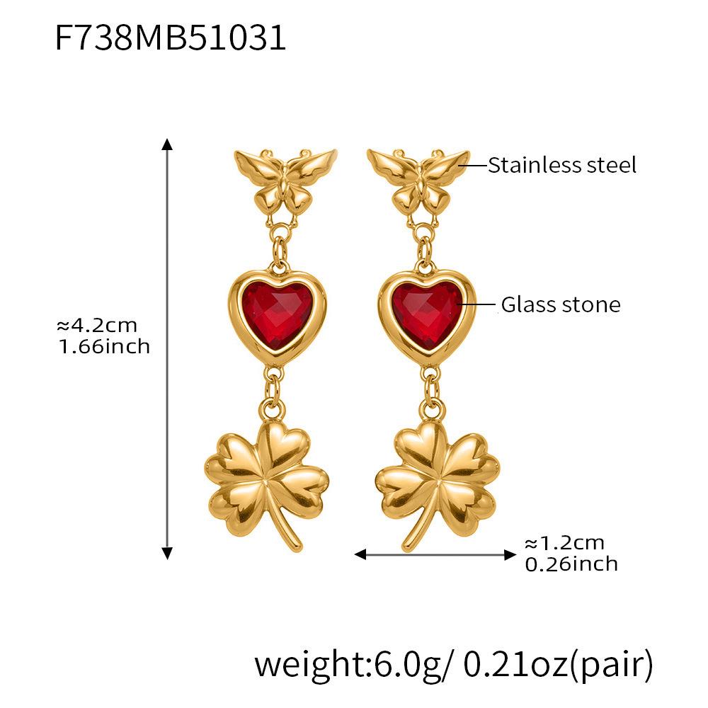 Qiong Yao Elegant Butterfly Earrings with Faceted Heart Glass & Four-Leaf Clover Stainless Steel Studs