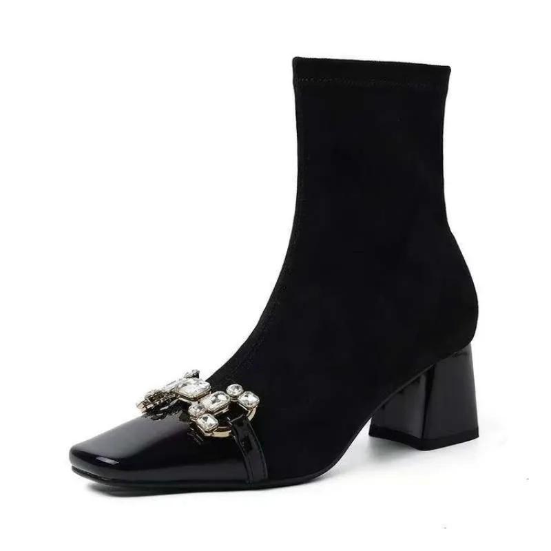 

2026 New Rhinestone Stretch Skinny Boots Square Toe Block Heel High Heel Booties Women Spring and Autumn Single Boots 35 чёрный