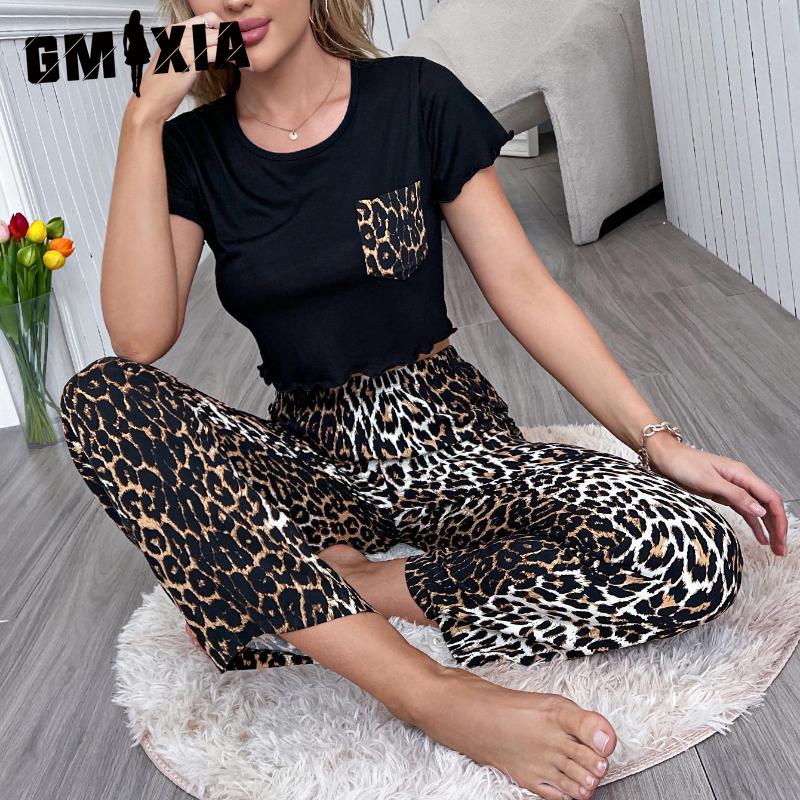 

Пижама GMXIA Женская Весна и Лето Без талии С коротким рукавом Леопардовый принт Брюки Комплект домашней одежды XL