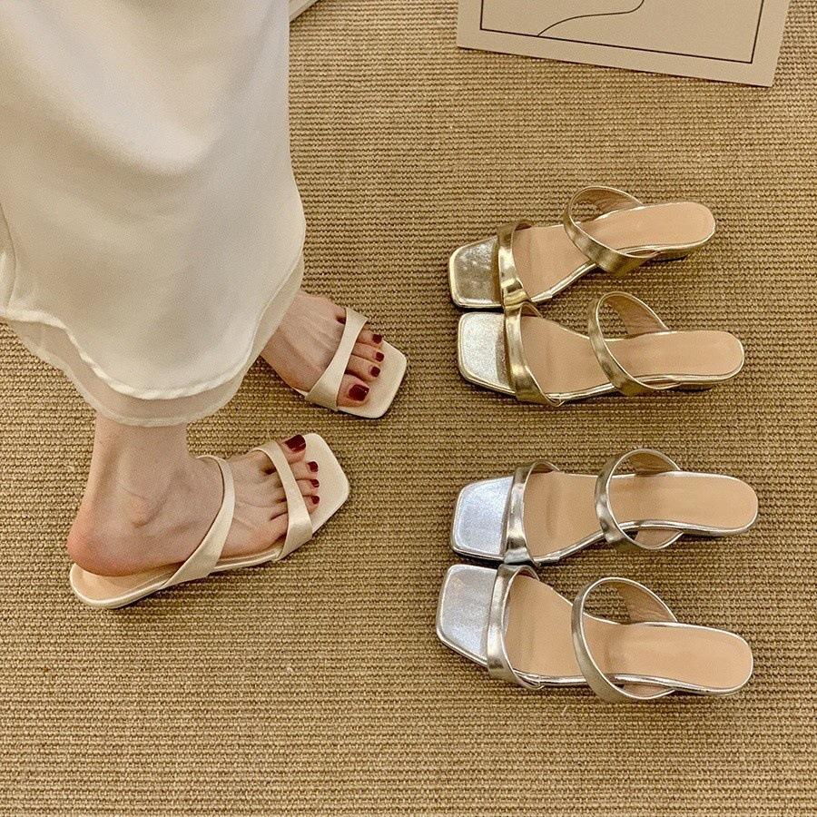 Wedge Heel Silver Simple One-word Slippers Women's Shoes Outer Wear 2025 Summer Low Heel Temperament with Skirt Sandals