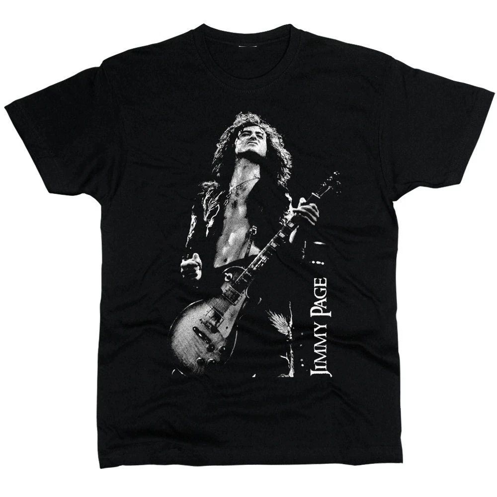 90s Rock Print Short Sleeve Jimmy Page Led Zeppelin Cotton Black Casual Loose Tops Crew Neck Print Cotton Tshirt Unisex