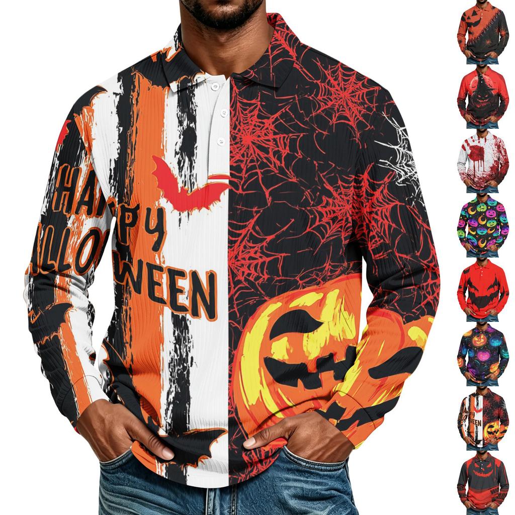 Men's Halloween Print Long Sleeve Shirt Casual Loose Fit Top