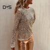 Women Tops Round Neck Long Sleeve Pullover Tops Shiny Sequins Decoration Regular Fit Blouse Daily Wear