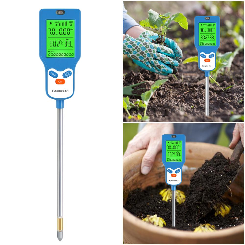 6-in-1 Digital Garden Soli Analyzer Fertility/Temp/Moisture/Sunlight/Humidity/PH Meter for Gardening Farming and Outdoor Plants