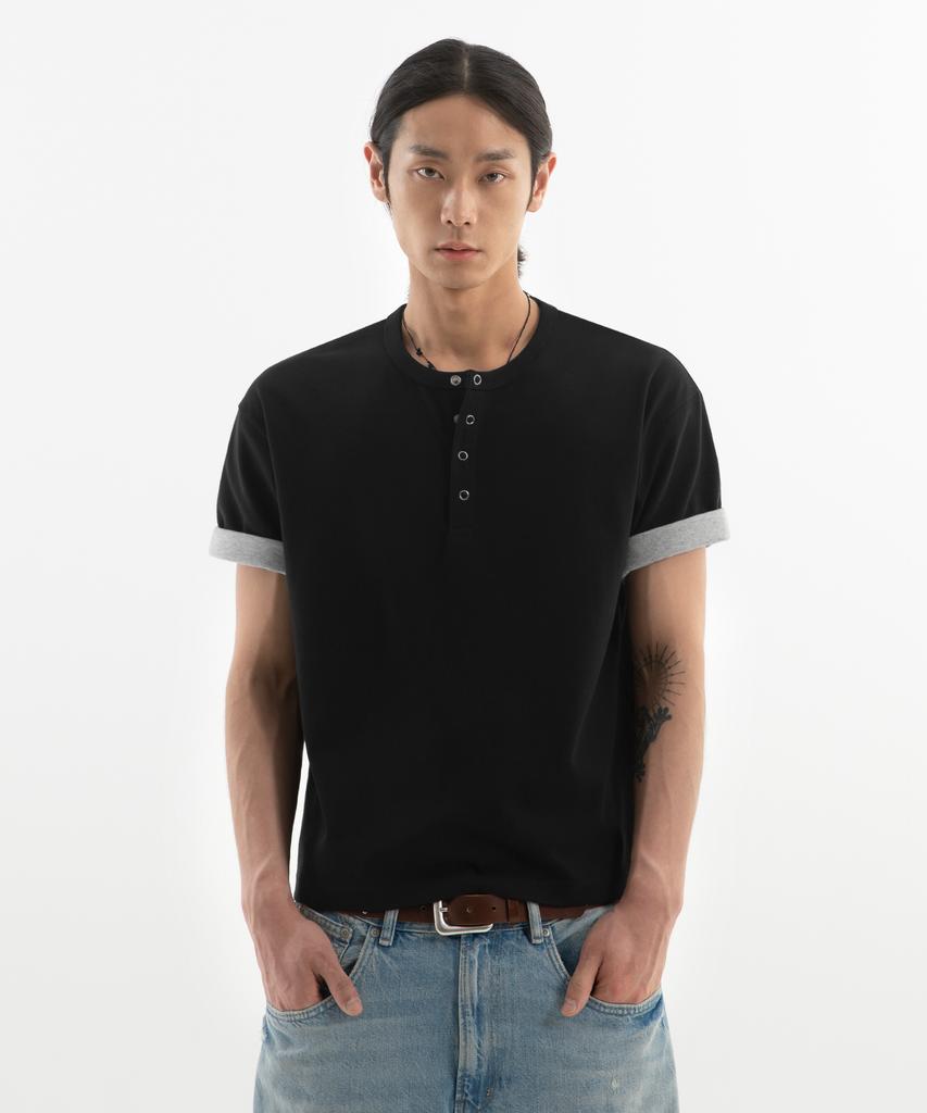 BRENSON Comfort Color Block Roll-Up Crop Henley Neck Short Sleeve Tee ( 3 Colors )