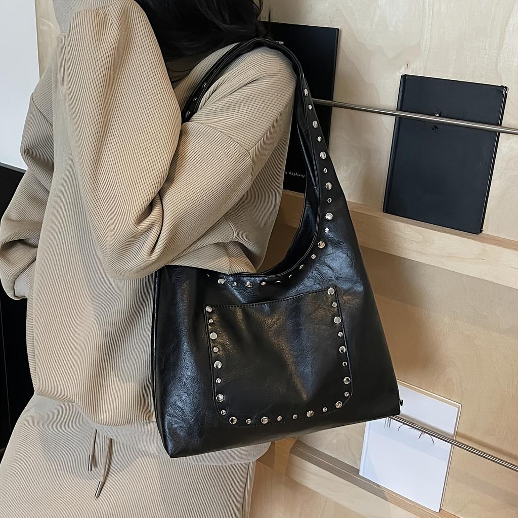 Women's Retro Rivet Crossbody Tote Bag - Large Capacity Shoulder Bag with Snap Closure Versatile Commuting Travel Shopping Bag, Crossbody Purse