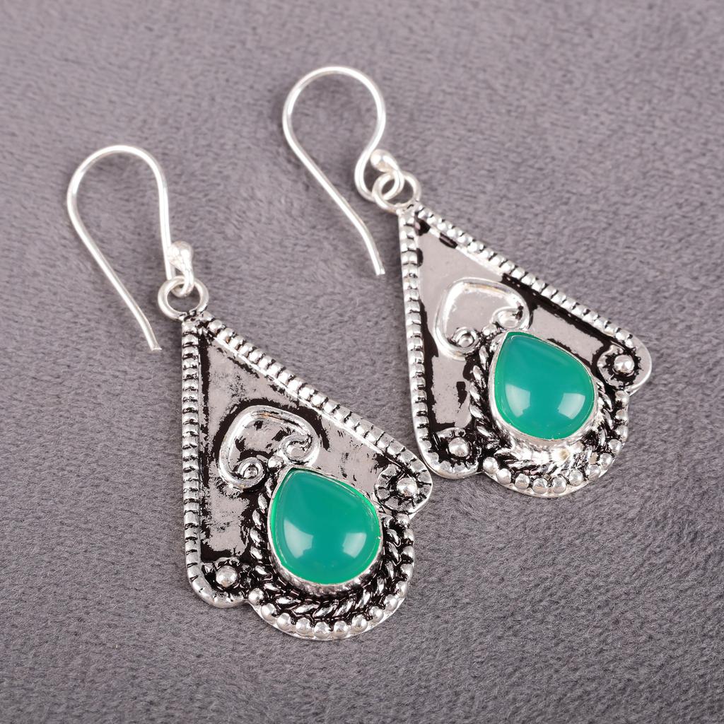 Grüner Onyx Cab 925 Sterlingsilber Ohrringe, Handgefertigter Edelstein-Ohrschmuck, Geschenke für Ehefrau Brandneue Ohrringe