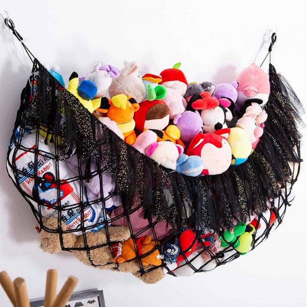 Rete Imbottita Rete Imbottita Amaca portaoggetti Capacità Rete portaoggetti da parete per giocattoli con Luci a filo Design con nappe Stanza dei giochi per peluche
