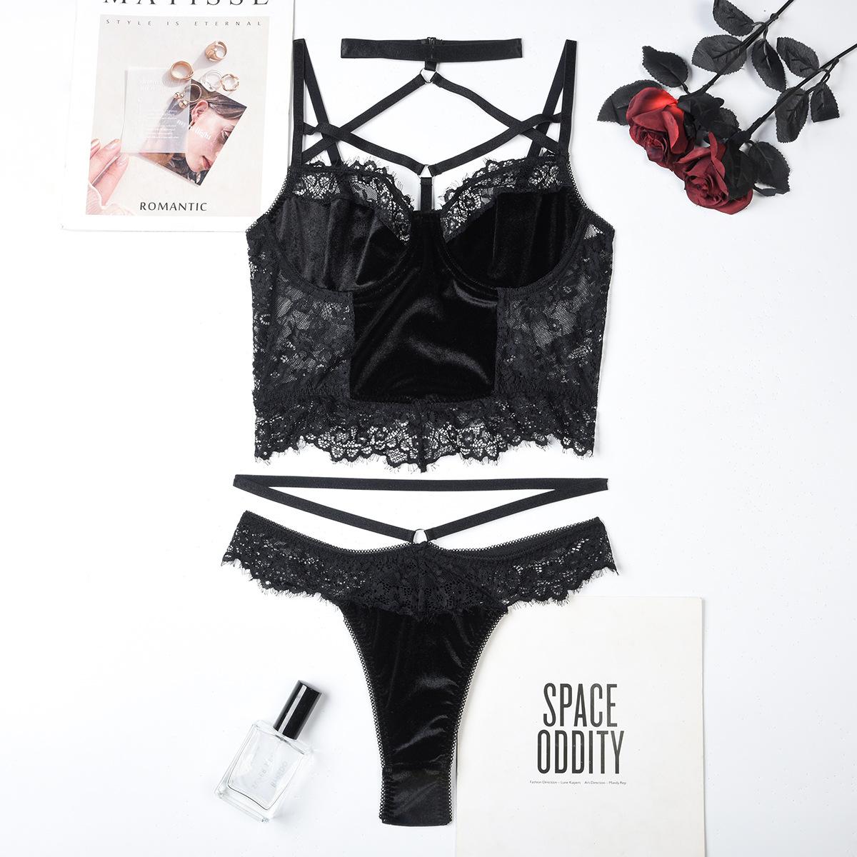 

Aduloty женское сексуальное нижнее белье, черное флисовое нижнее белье с кружевными вставками, эротический комплект нижнего белья с перекрестным вырезом, тонкий бюстгальтер, комплект нижнего белья из двух предметов S чёрный