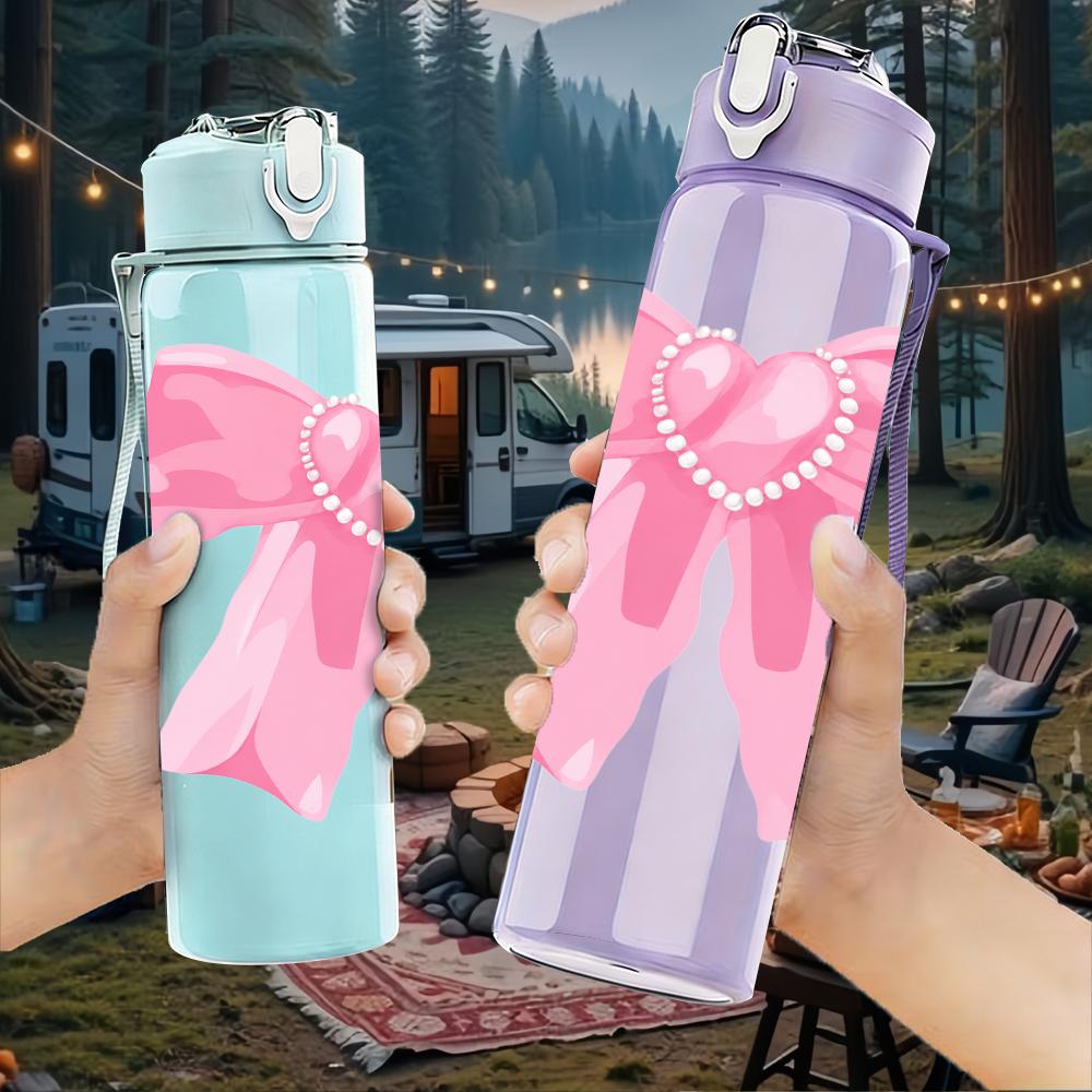 1PC Simple Large Pink Bow 750ml Color Plastic Sports Water Bottle Leakproof Flip Straw Lid Suitable for Sports Office Home Use