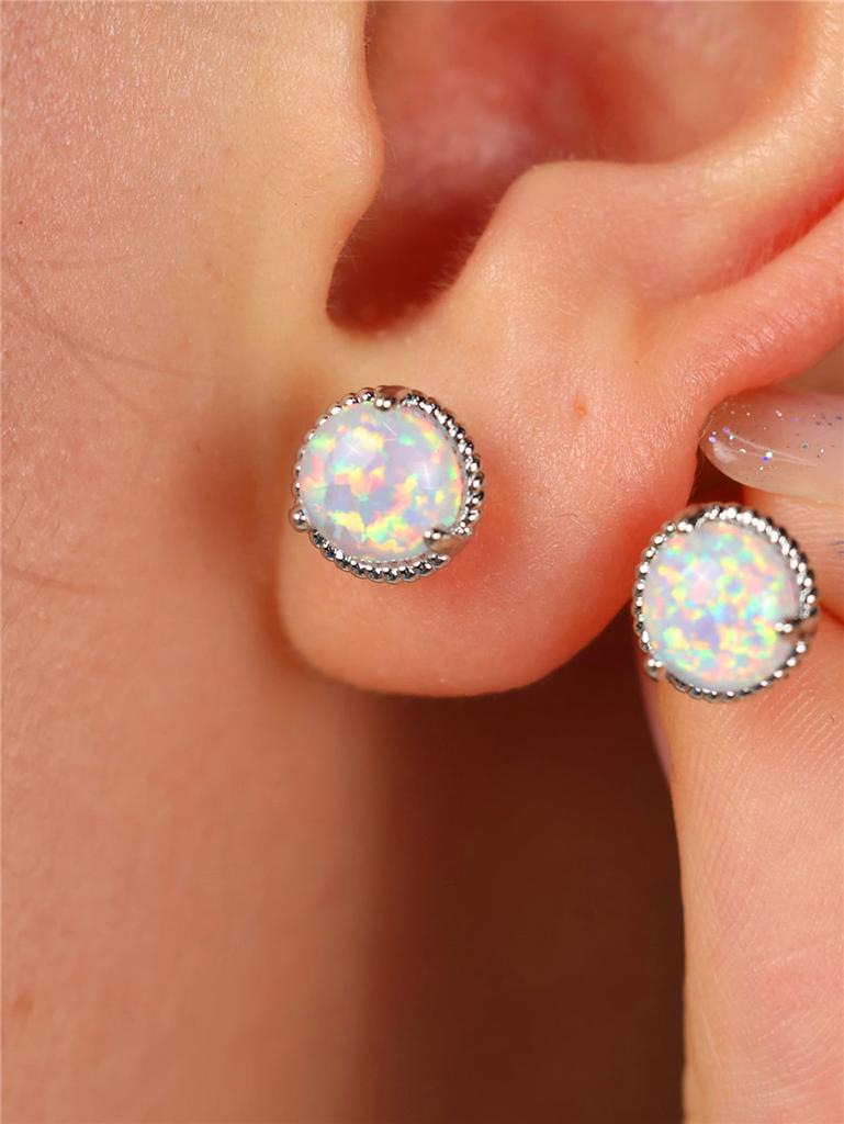 Female Small White Round Fire Opal Stone Stud Earrings Trendy Yellow Gold Color Wedding  For Women