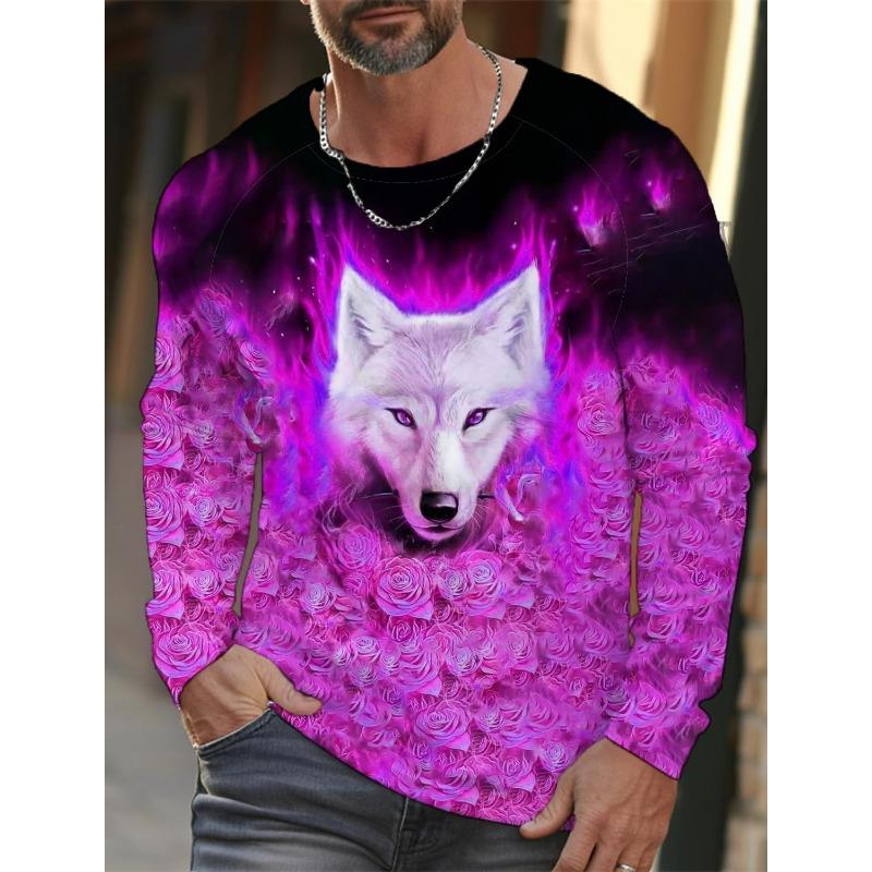 Herren Sommer Langarm 3D-gedrucktes Wolfsmuster T-Shirt Tops Herren Streetwear Kleidung Rundhals Grafik Langarm T-Shirt