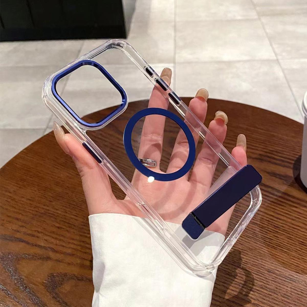 Crystal Clear Metal One-word Stand Magnetic Suction for Apple Mobile Phone Case New Model for Apple 15promax One-word Metal Stand Case For  iPhone 17PROMAX