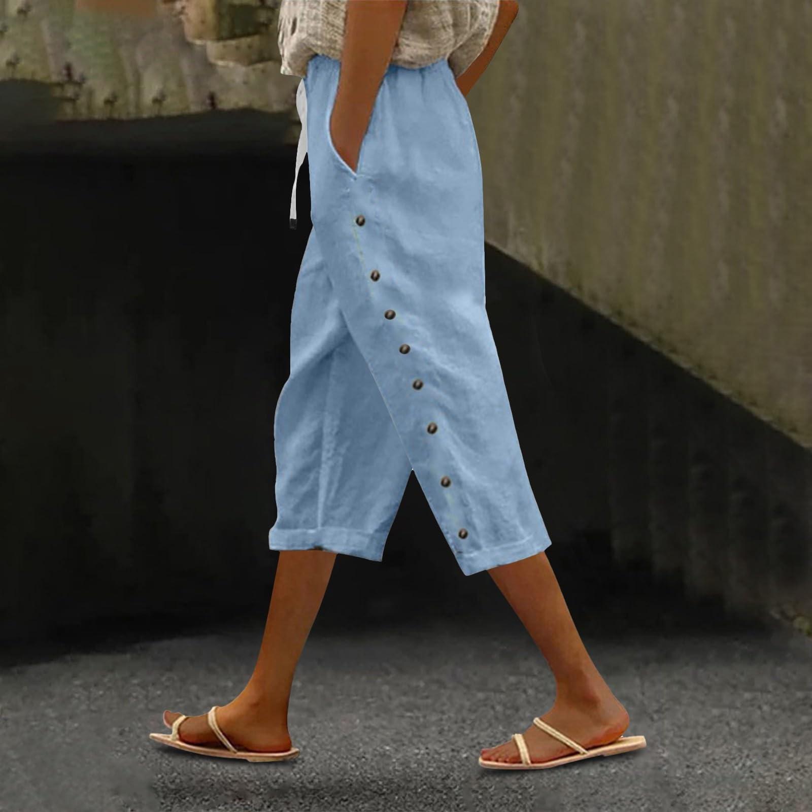 

Женские модные свободные повседневные брюки длиной 3/4 с застежкой на пуговицы и шнурком XL небесно-голубой