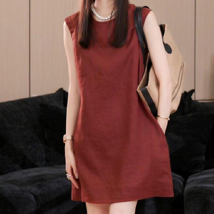 Wine Red Sleeveless Cotton and Linen Dress for Petite Women S (80-95 lbs)