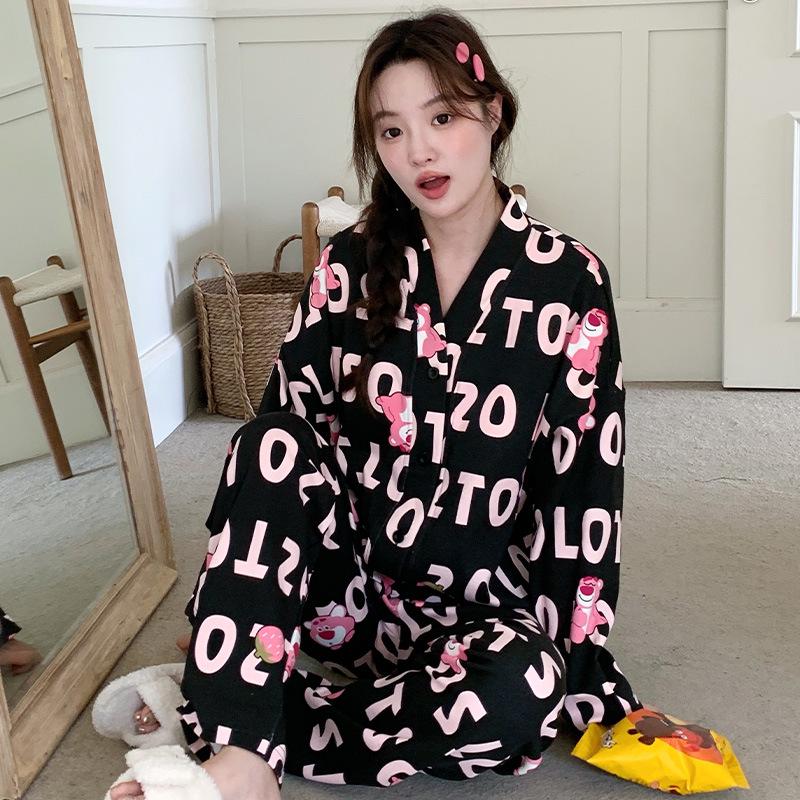 

Сладкий мультяшный пижамный комплект с воротником кимоно - Длинный рукав, весна и осень 3XL (72-83 kg)