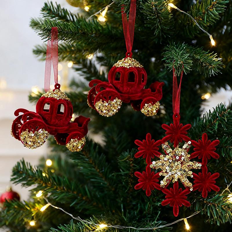 Red Flocking Christmas Tree Pendent Christmas Bells Snow Elk Hanging Ornament Decorations New Year Xmas Festive Atmosphere Decor
