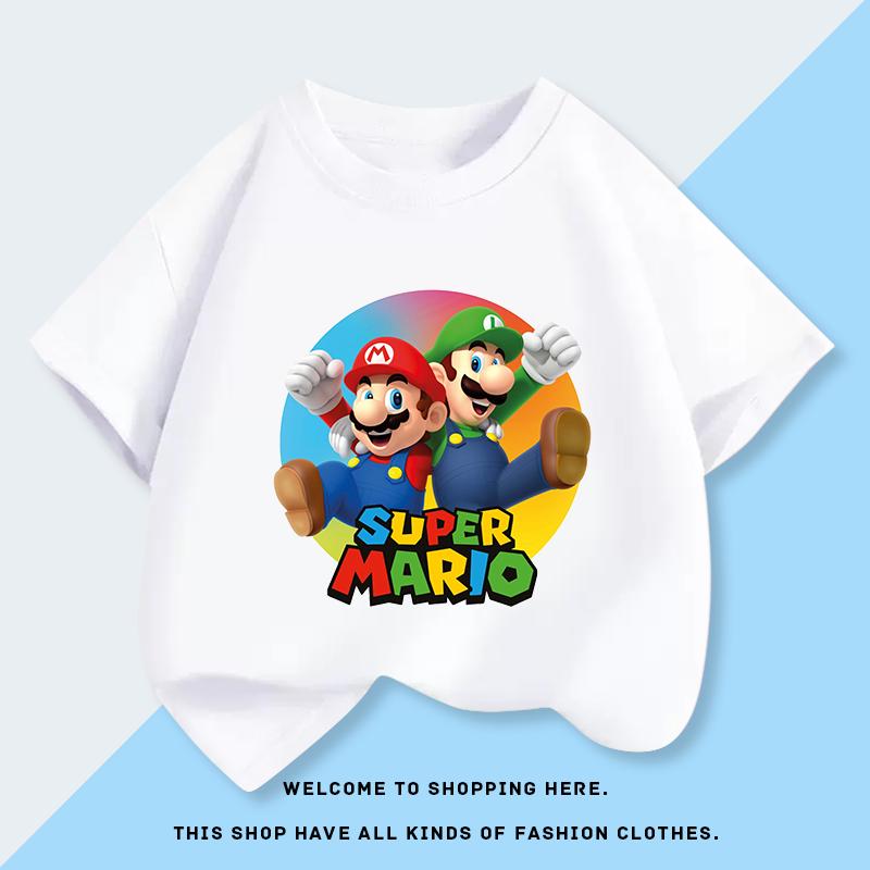 Super Mario Bros Mario Luigi Boy ShortSleeved Tshirt Summer Clothing Childrens TShirt Childrens Top