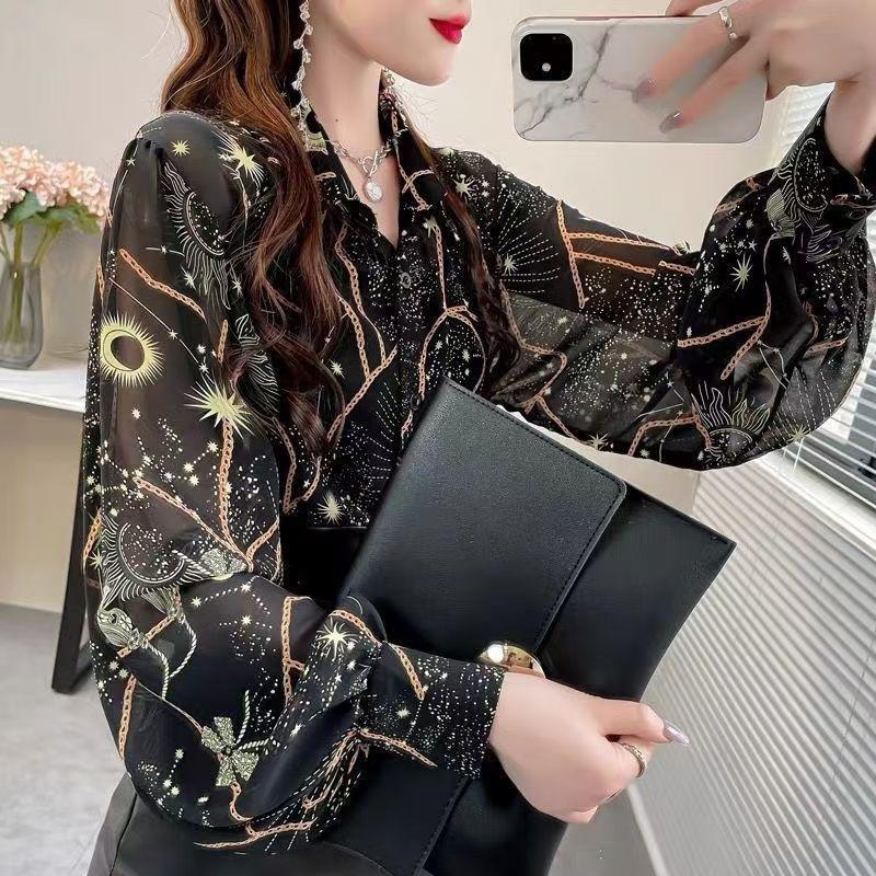 Retro Women's Printed Shirt Slim-fit Lantern Sleeve Floral Shirt Collared Chiffon Shirt Spring